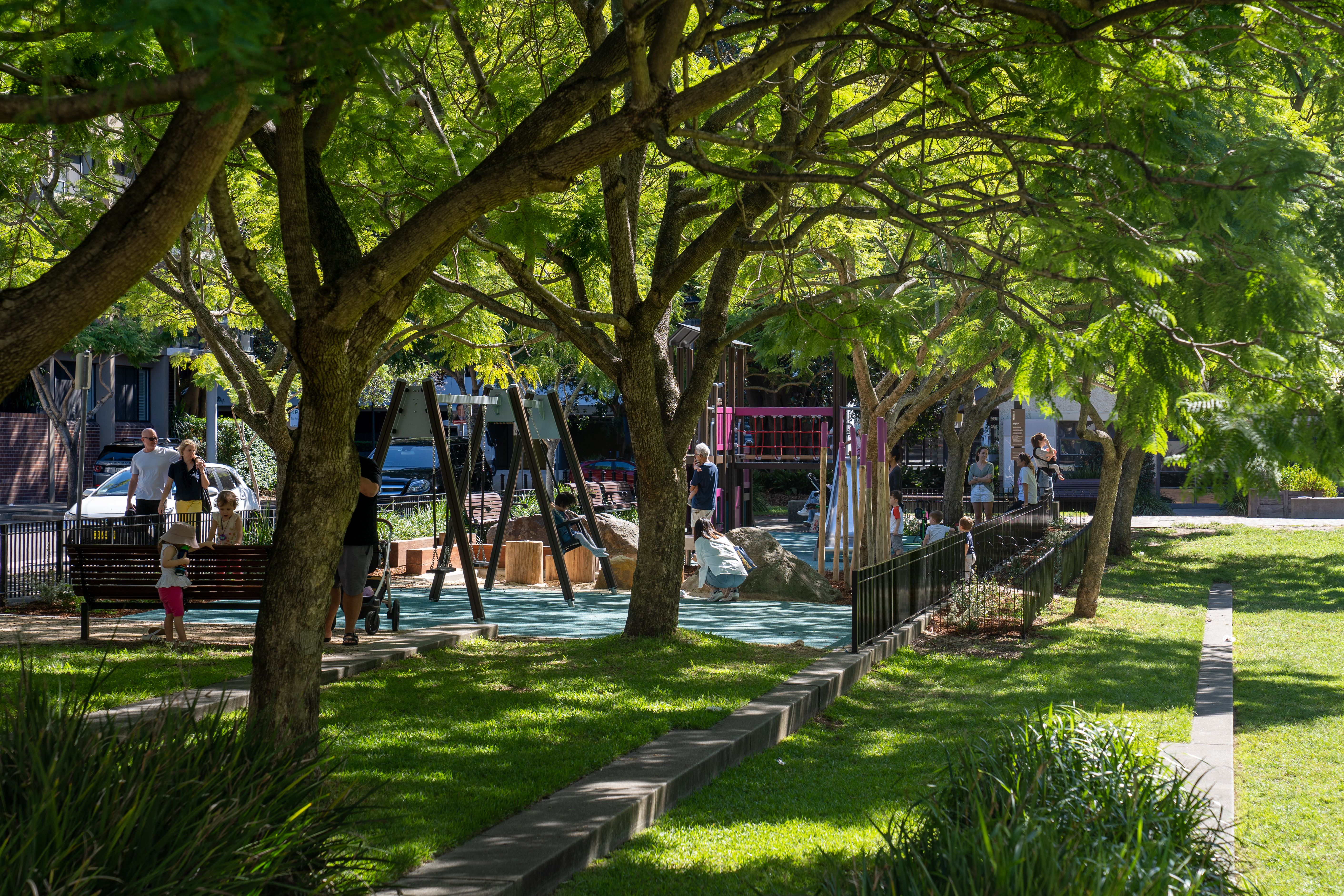  Families enjoying the new play equipment at Tote Park, Zetland. Credit: Abril Felman