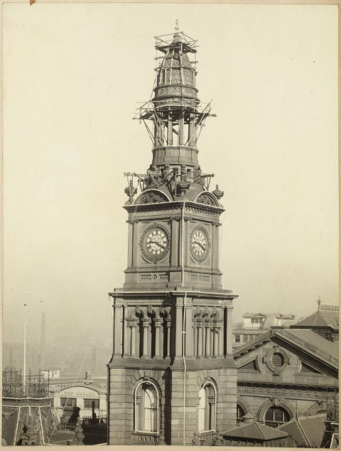 Sydney Town Hall clock tower with scaffolding, George Street Sydney, 1920, City of Sydney Archives, A-00040171