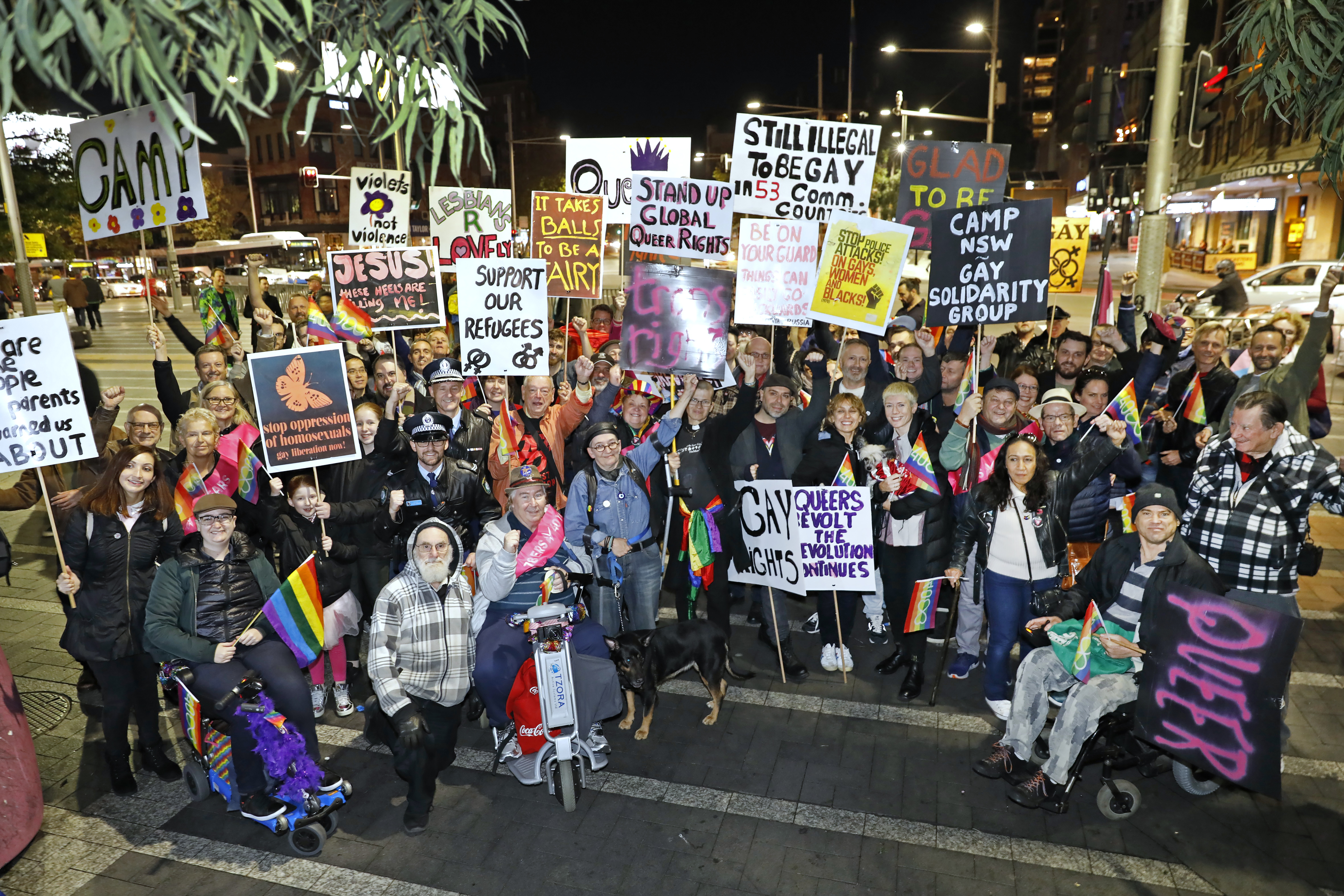 A re-enactment of 1978 Mardi Gras at Taylor Square in 2018. Image: Ann-Marie Calihanna