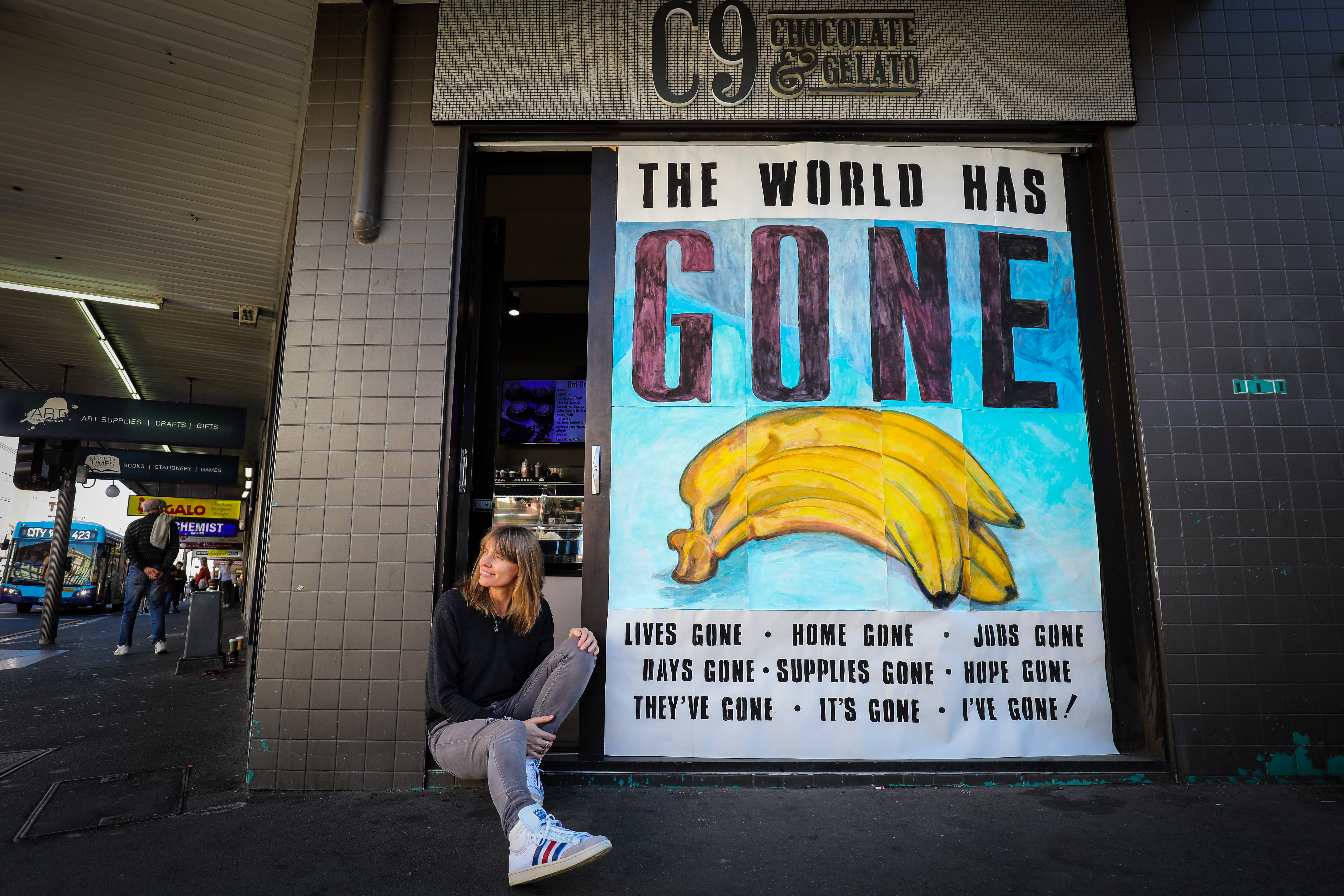 Artist Wendy Murray with her artwork 'Gone Bananas'. Photo: Katherine Griffiths / City of Sydney