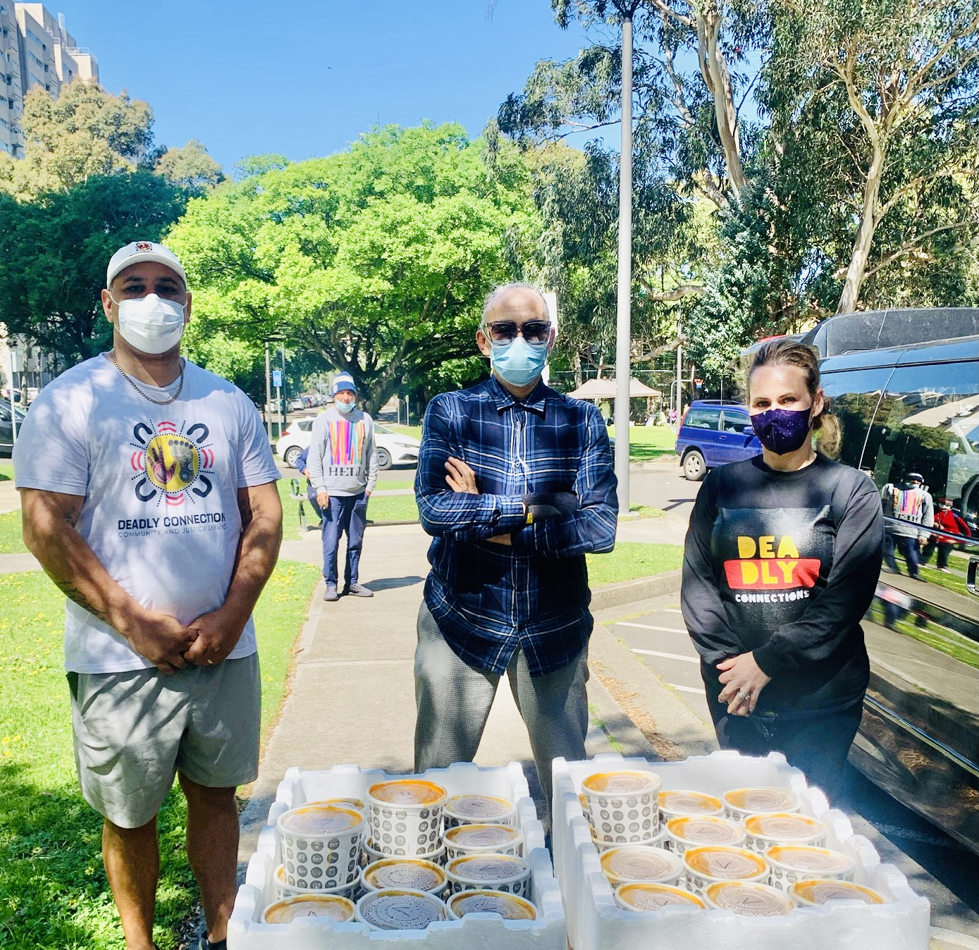 Ravi Prasad from Parliament on King pictured with Carly Stanley and Keenan Mundine from Deadly Connections. Image: Parliament on King