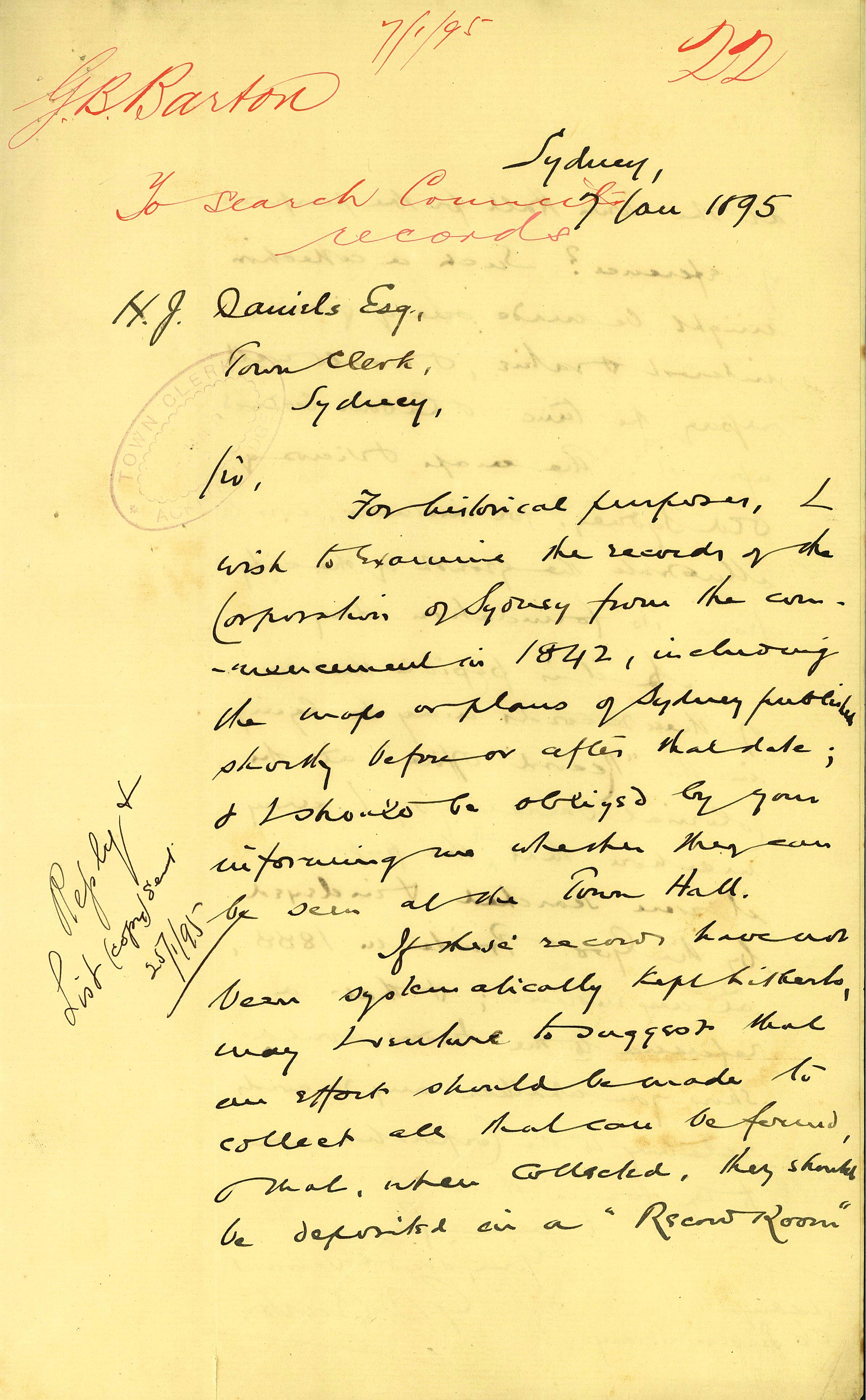 Letter - Request from George Barton for records room at Sydney Town Hall, 1895 (A-00330897)