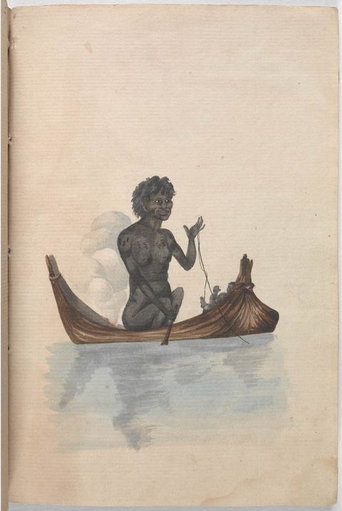 Aboriginal woman with her baby, in a canoe fishing with a line, c1805. Image: Mitchell Library, State Library of NSW (PXB 513)