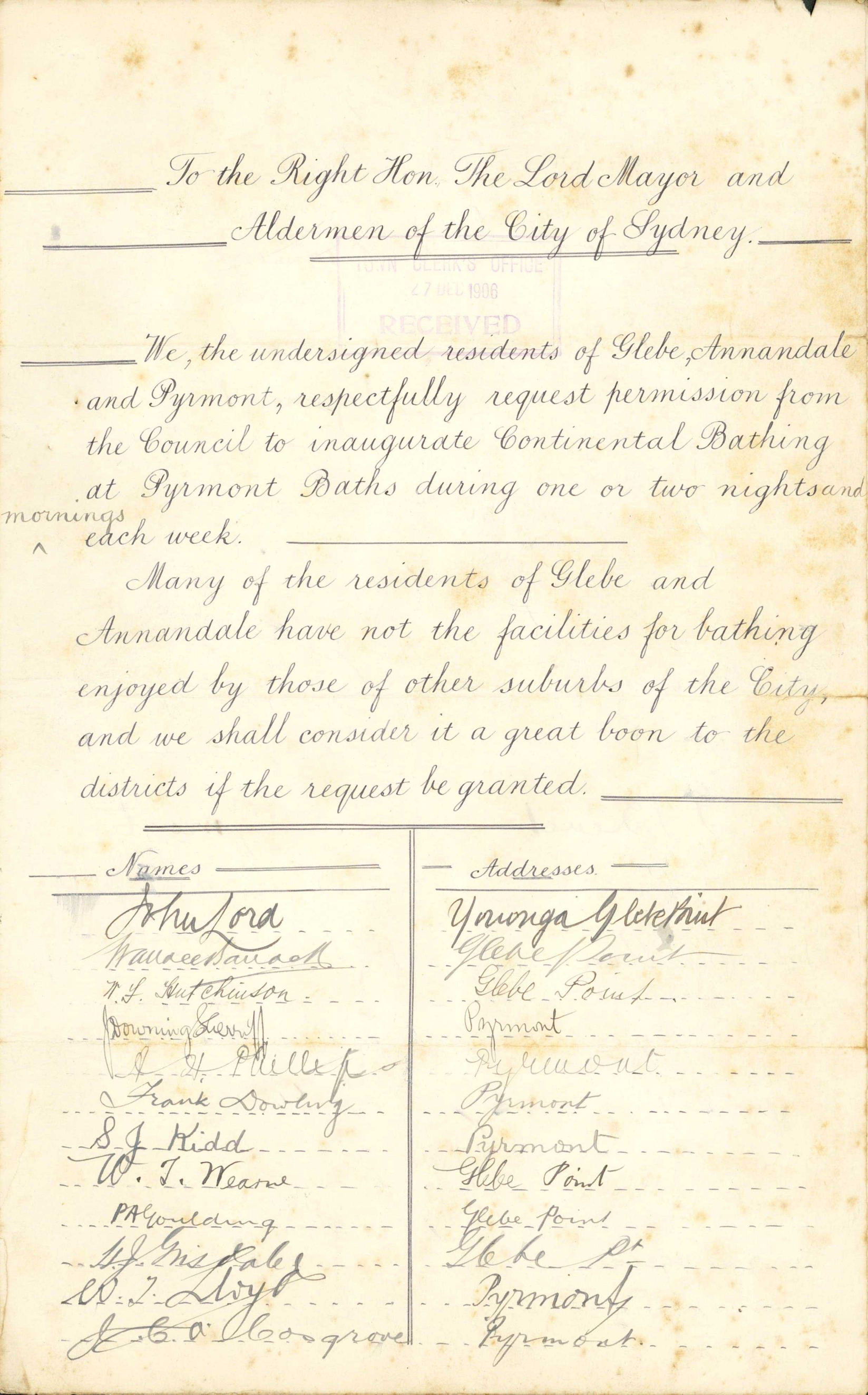 File - Request for a couple of nights of mixed bathing, Pyrmont Baths, 1906-1907 (A-00203034)