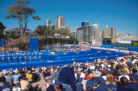 The Opera House forecourt set up as the swim-to-bike transition area for the triathlon during the 2000 Olympic Games. Photo: Grahame Edwards, City of Sydney Archives, A-00056582. 