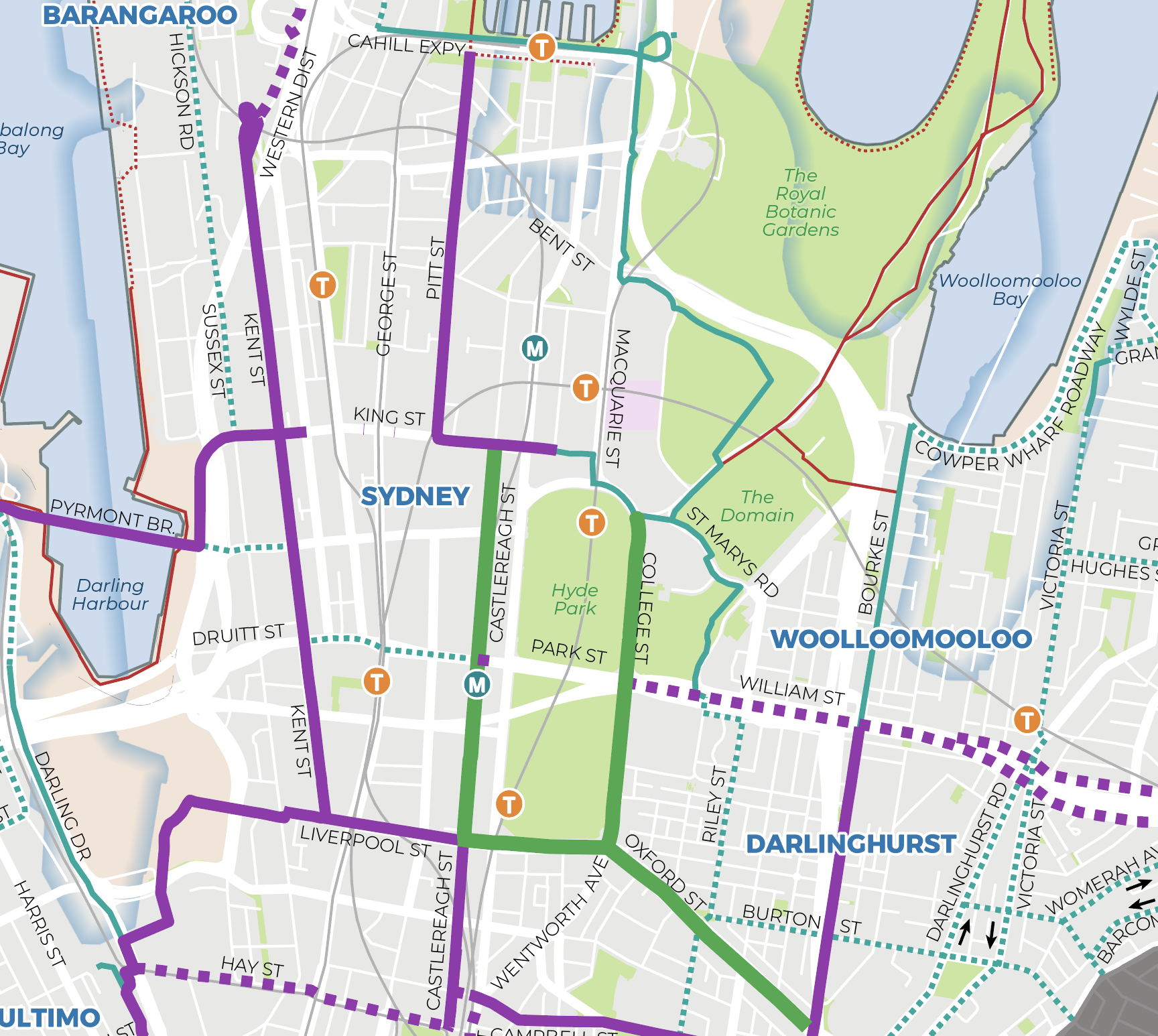 The King Street cycleway links with the Pitt Street cycleway,  and will connect with planned cycleways on Castlereagh Street and College Street, shown in green. More planned cycleways on Liverpool and Oxford streets will complete an inner city loop.