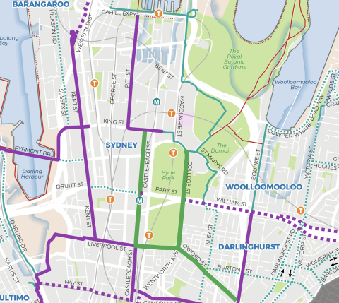 The King Street cycleway links with the Pitt Street cycleway,  and will connect with planned cycleways on Castlereagh Street and College Street, shown in green. More planned cycleways on Liverpool and Oxford streets will complete an inner city loop.