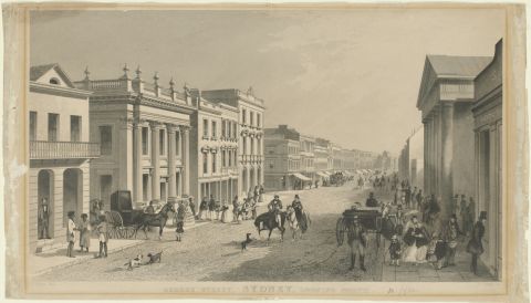 George Street, looking north, 1854-1864, drawn by F. Terry; engraved by J. Tingle. Image: Mitchell Library, State Library of NSW