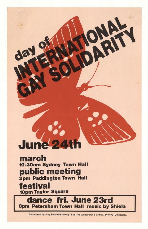 The first Mardi Gras was held as a mark of international gay solidarity. Poster by Chris Jones, 1978. Courtesy of State Library of NSW. 