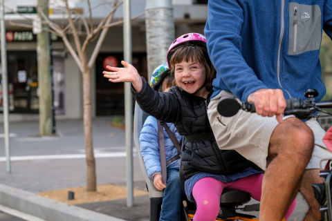 The number of people riding with child seats has doubled since 2023 in the snapshot count. Image: Chris Southwood/City of Sydney