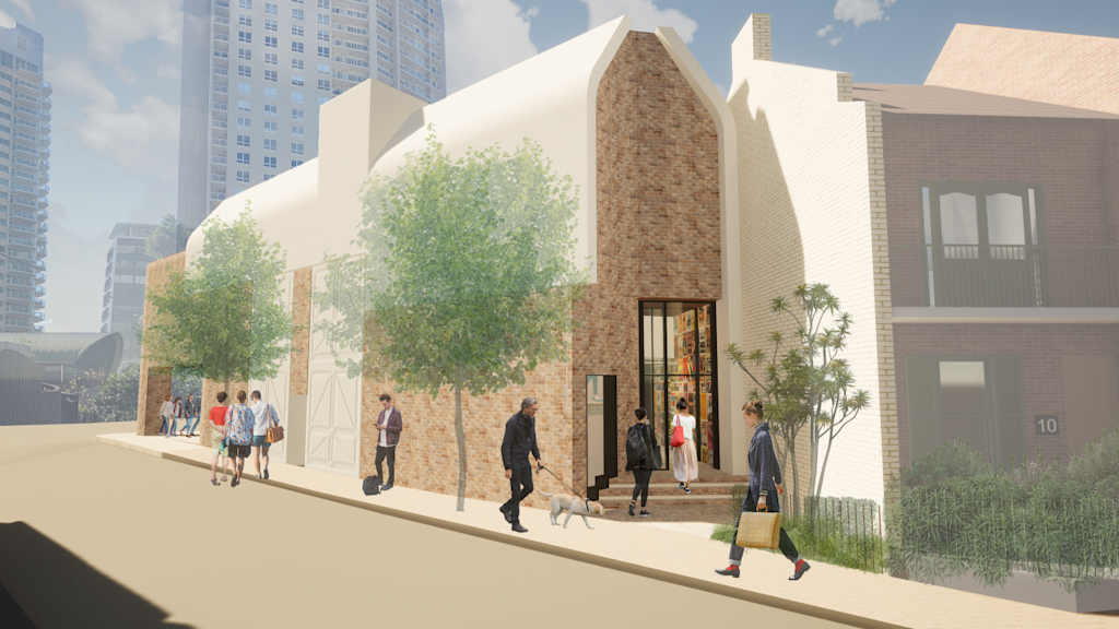 artist impression of a modern building with a brick façade features large windows and an arched roof. People walk along the sidewalk past the building on a sunny day. Trees and other buildings are visible in the background.