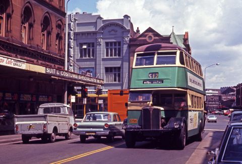 Route 512 bus and cars in Hay Street, Haymarket, 1970 (City of Sydney Archives, photographer John Ward,  A-01112098)