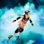 A roller derby athlete in safety gear skates on a lit arena floor, surrounded by blue smoke or mist.
