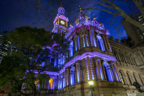 Town Hall lights up purple on Wear it Purple Day in support of young LGBTIQA+ people. Image: Katherine Griffiths