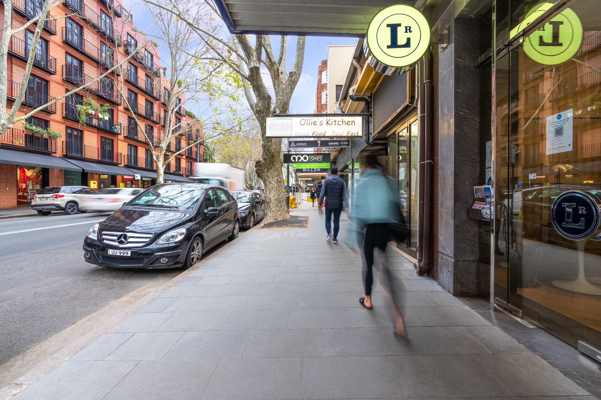 Some of the wider footpaths in Macleay Street.