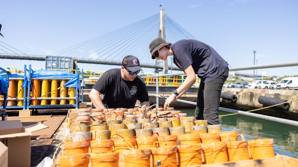 Two people set up fireworks on a wooden platform by the water, with a bridge in the background under a clear sky.