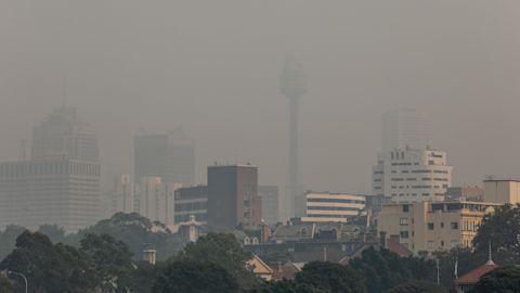 Smoke haze is seen over the Sydney CBD skyline as the air quality index reaches as higher than ten times hazardous levels in some suburbs.