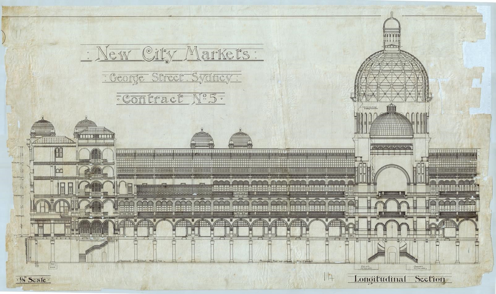 Queen Victoria Building plans, longitudinal section 1892. Image: City of Sydney Archives.