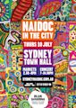 Colorful First Nations artwork forms the background of a poster promoting 'NAIDOC in the City' at Sydney Town Hall on Thursday 10 July with markets and a concert.