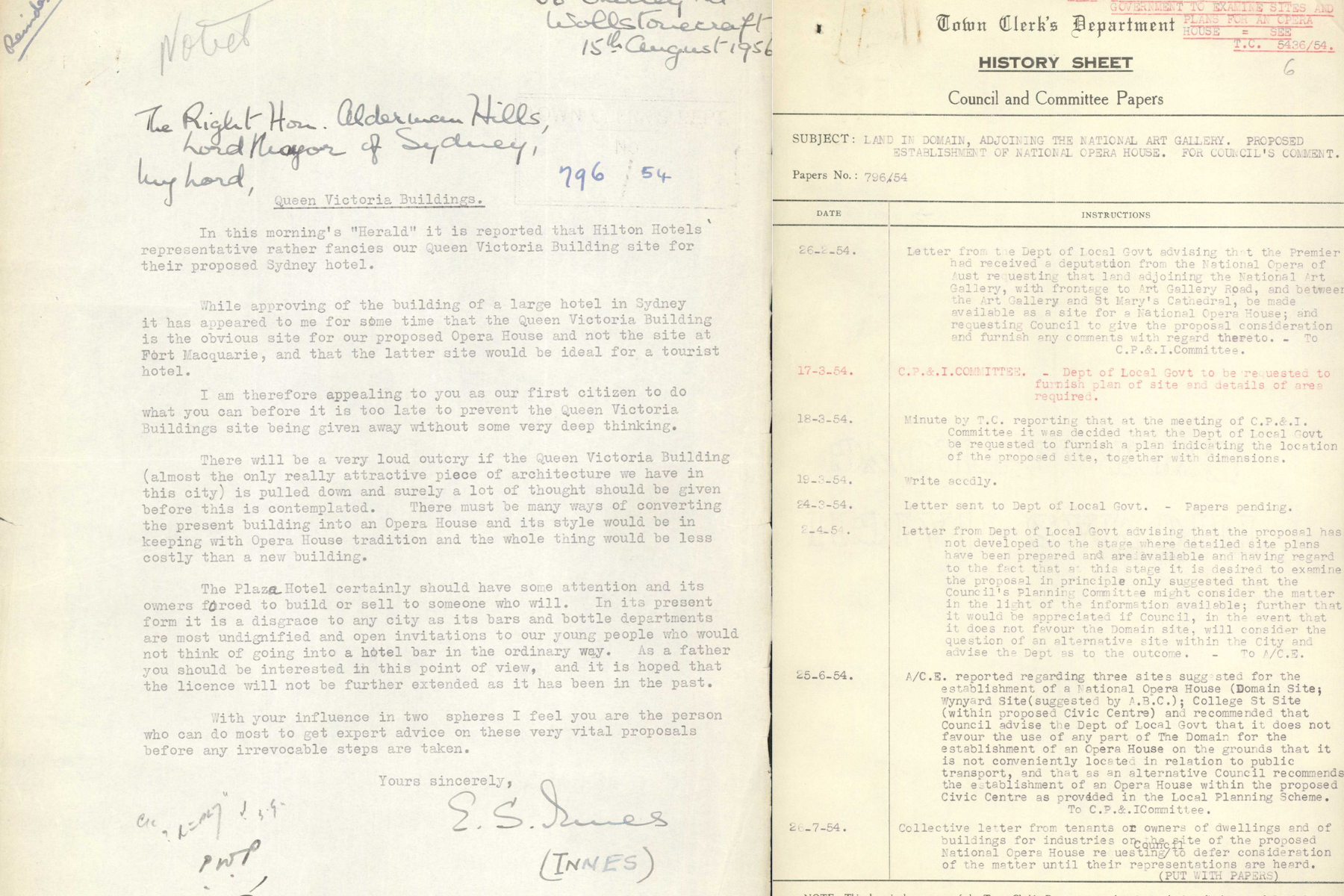 At left, correspondence to the Lord Mayor outlines a proposal to re-purpose the QVB as an opera house. At the time, the Hilton Hotel was putting pressure on the City to redevelop the QVB site into a hotel! At right, Council committee papers outline some of the other sites under consideration for the opera house. Documents from the City of Sydney Archives, A-00116250.