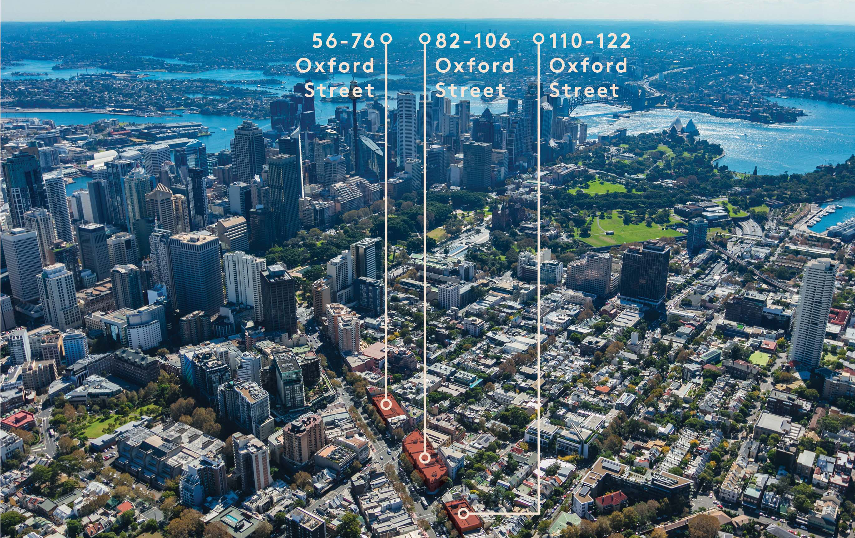 The properties located at 56–76, 82–106 and 110–122 Oxford Street