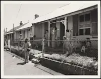 People gathered outside an older residential building on a sunny day.