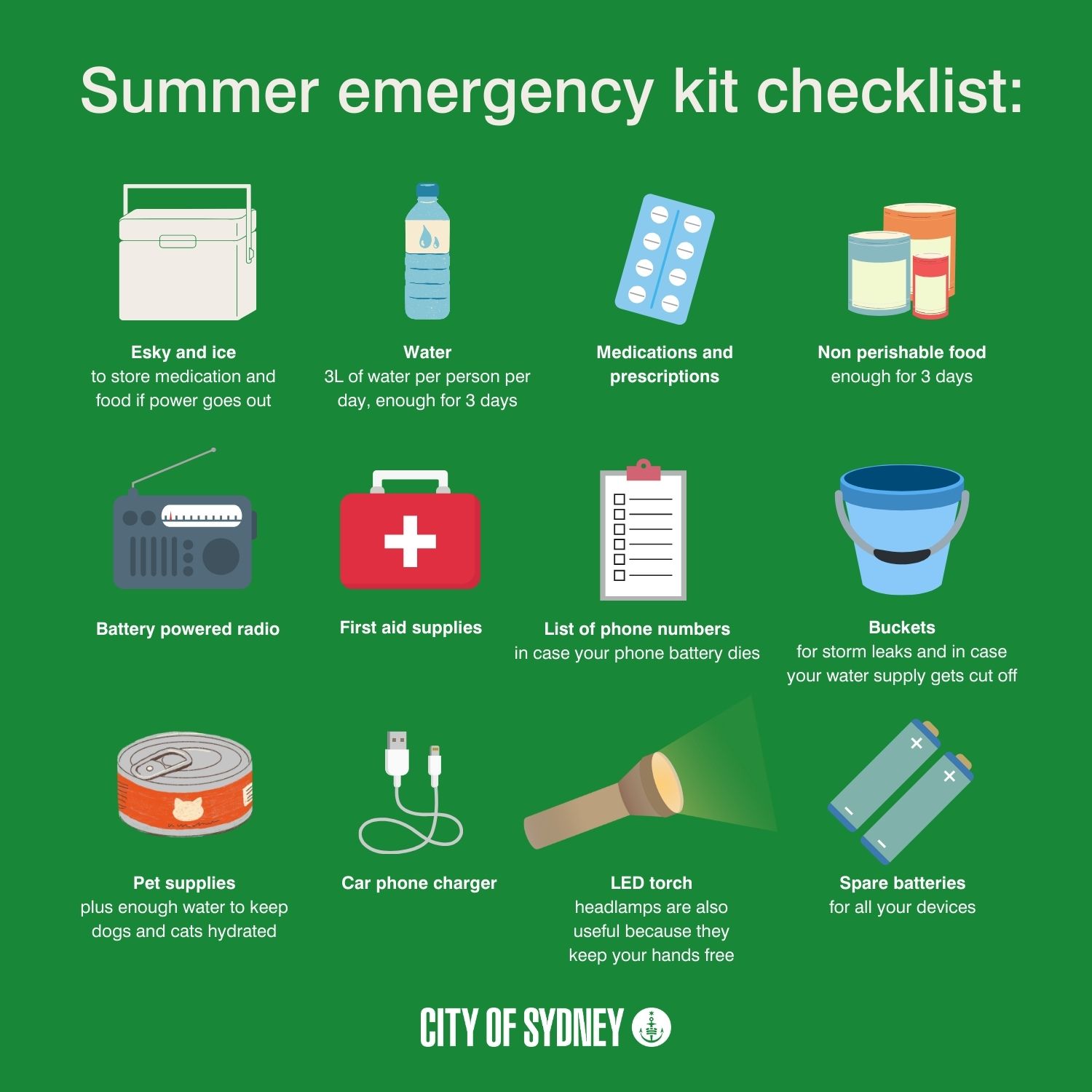 Image description: Various animated depictions of emergency supplies on a green background. Text reads: Summer emergency checklist. Esky and ice - to store medication and food if power goes out. Water - 3 litres of water per person per day, enough for 3 days. Medications and prescriptions. Non perishable food - enough for 3 days. Battery powered radio. First aid supplies. List of phone numbers - in case your phone battery dies. Buckets - for storm leaks and in case your water supply gets cut off. Pet supplies - plus enough water to keep dogs and cats hydrated. Car phone charger. LED torch - headlamps are also useful because they keep your hands free. Spare batteries - for all your devices.