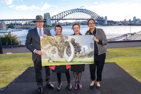 Former NSW Governor David Hurley, artist Judy Watson, Lord Mayor Clover Moore and Eora Journey curatorial advisor Hetti Perkins with an earlier render of the artist&#39;s concept. Image: Joseph Mayers