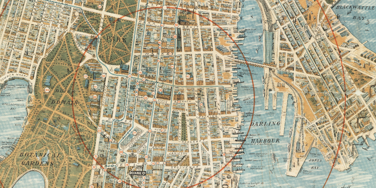 Bird's eye view map of Sydney, Oceanic Steamship Company: John Andrew & Co. 1905. State Library of NSW, Z/M3 811.17/1905/2