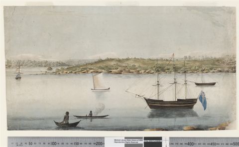 Bennelong Point viewed from Dawes Point in c.1804. Courtesy State Library NSW, V1/1810/1