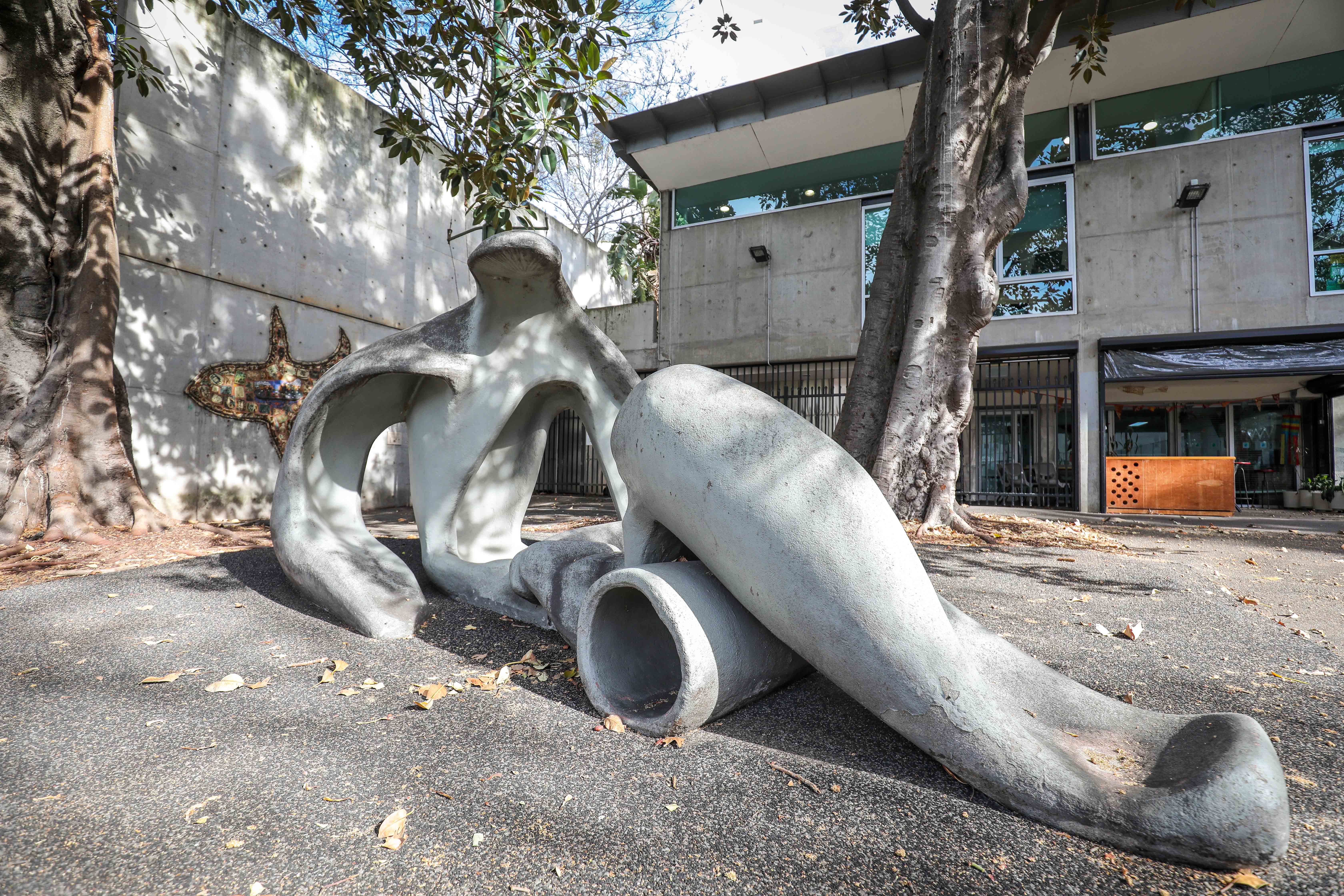 Representative of abstract figurative sculptural work. From the post-World War II era, designed by Anita Abbott Aarons and completed in 1952. Located at Cook + Phillip Park.