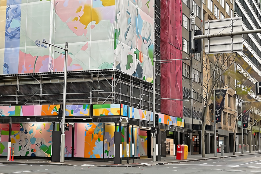 Louise Zhang’s artwork colour dressing a city corner near Wynyard station. Image: Chris Southwood / City of Sydney 