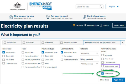 Tick the box to only show plans with GreenPower