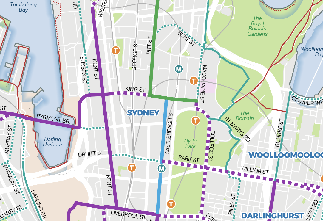 The proposed Castlereagh Street cycleway, shown in blue, will link in the north to the Pitt Street and King Street cycleways under construction, shown in green. In the south it will connect the Liverpool Street and Castlereagh Street south cycleways, as well as planned new cycleways on Oxford Street and Liverpool Street east.