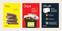 Three posters about recycling. Yellow poster: "Flatten boxes before recycling." Red poster: "Don’t put plastic bags in recycling." White poster: "Polystyrene goes in yellow lid bin or red lid bin for landfill.