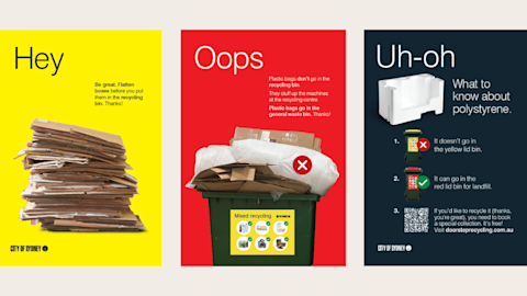 Three posters about recycling. Yellow poster: "Flatten boxes before recycling." Red poster: "Don’t put plastic bags in recycling." White poster: "Polystyrene goes in yellow lid bin or red lid bin for landfill.