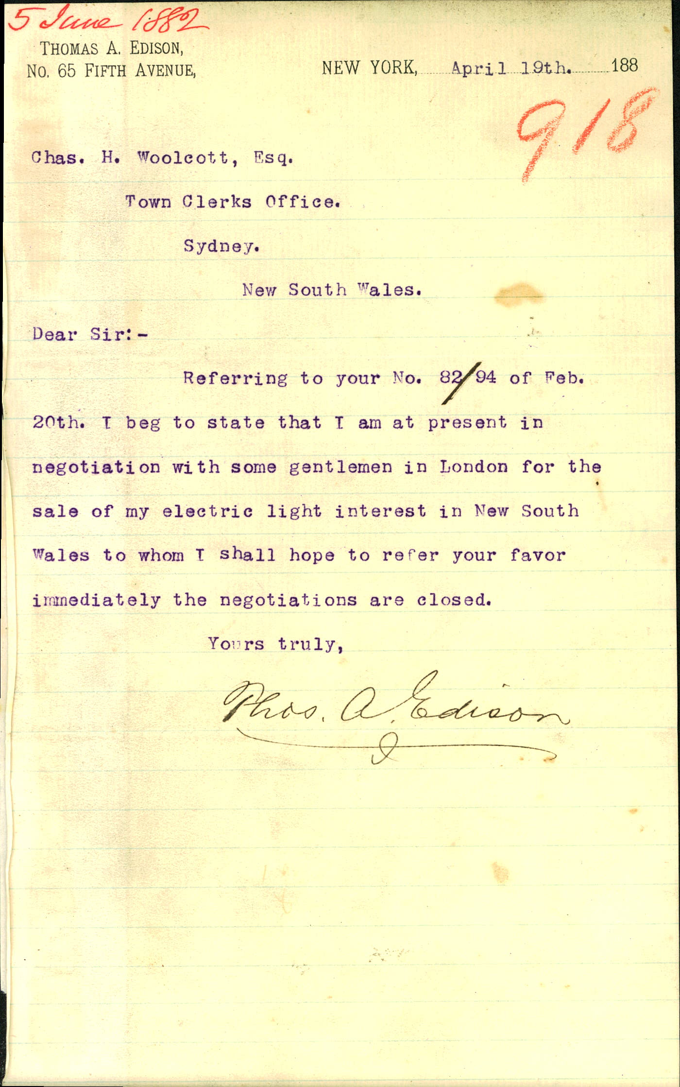 Letter -Thomas A Edison regarding negotiations to sell electric light interests, 1888 (City of Sydney Archives: A-000308483)