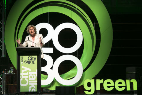 Connie Hedegaard on stage at Sydney Town Hall for CityTalks event, August 2015