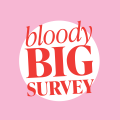 Graphic text "bloody big survey" on a pink background.