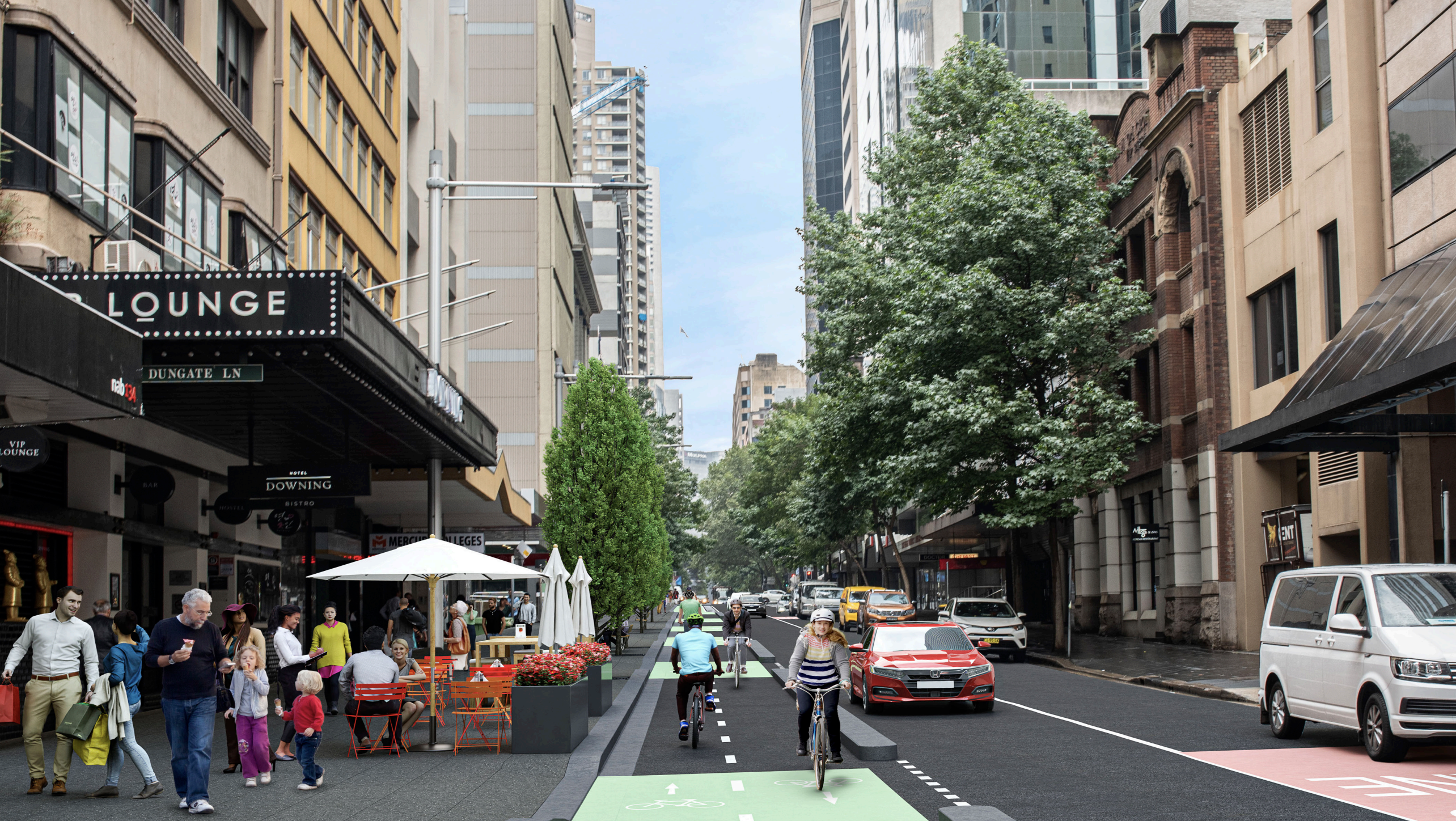 An artist impression of the proposed changes to Castlereagh Street, looking north from Liverpool Street.