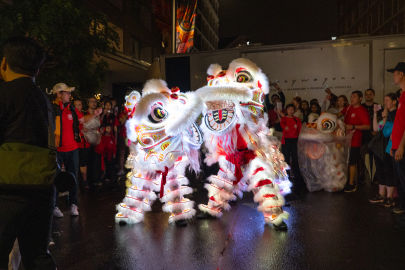 Two lion dancers perform in illuminated costumes on a wet street at night, surrounded by onlookers, some in red attire.