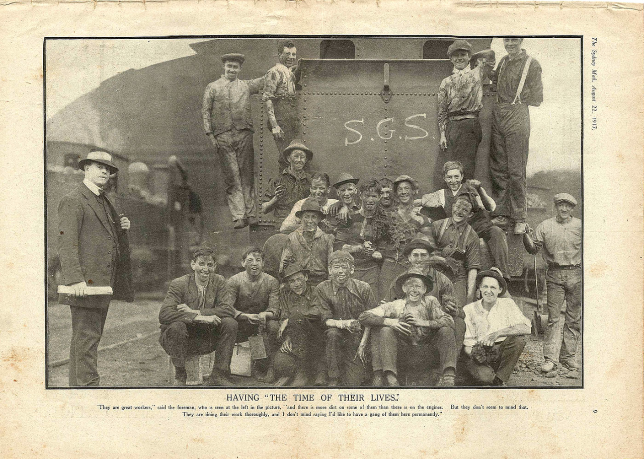 Schoolboys from Sydney Grammar strike-breaking at the Eveleigh Railway Yards during the Great Strike of 1917. Image: Sydney Mail, 22 August 1917