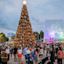 A large crowd gathers around a tall, decorated Christmas tree in a public square at dusk, with modern buildings in the background.