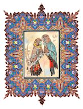 Two parrots perched on tree branches are depicted in a detailed drawing, surrounded by an ornate, symmetrical, and colorful ornamental border.