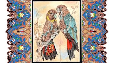 Two parrots perched on tree branches are depicted in a detailed drawing, surrounded by an ornate, symmetrical, and colorful ornamental border.