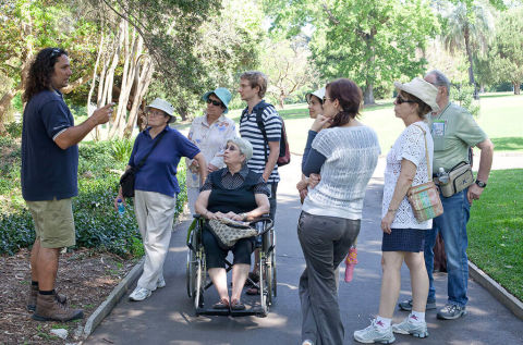 Group of people, including people with disabilities, enjoy a wheelchair-accessible tour through the Royal Botanic Gardens. Image courtesy of the Royal Botanic Gardens.