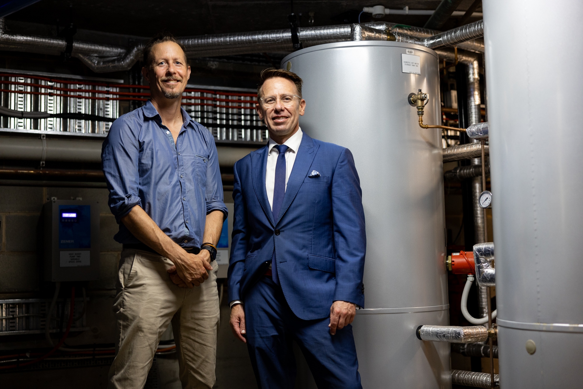 Project managers Jody Whiteoak and Rod Kington in the plant room. Image: Chris Southwood / City of Sydney