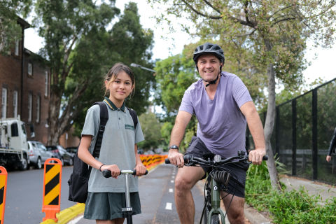 Andrew Chuter and his daughter, Fiona, on the Bridge Street cycleway.