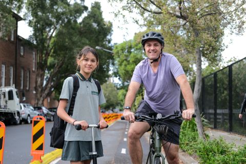 Andrew Chuter and his daughter, Fiona, on the Bridge Street cycleway.