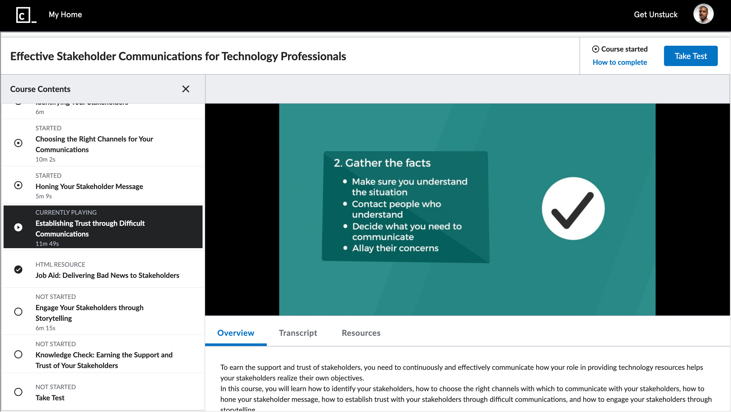 Professional skills course screenshot